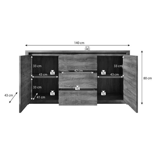 Meubella Dressoir Melody - Wit - Eiken - 140 cm