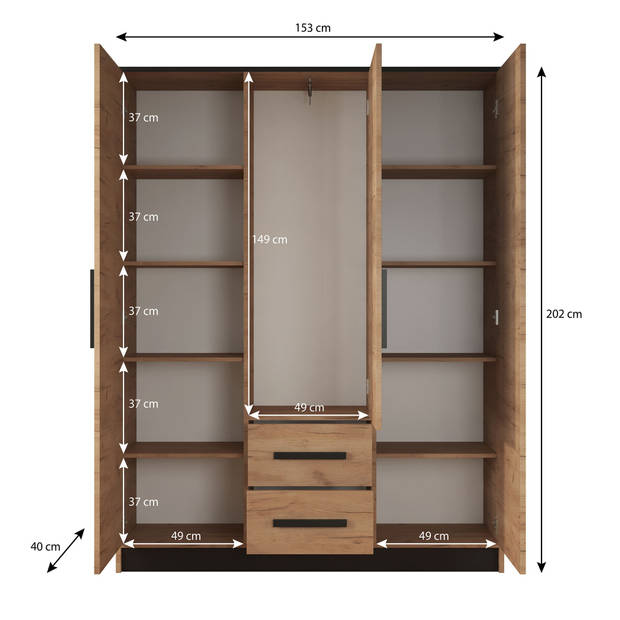 Meubella Kledingkast Madera - Eiken - Zwart - 153 cm - Met spiegel