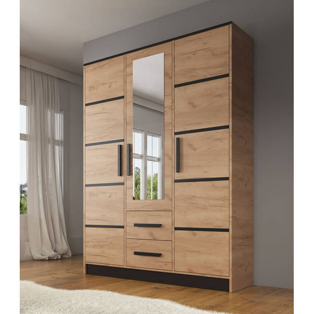 Meubella Kledingkast Madera - Eiken - Zwart - 153 cm - Met spiegel