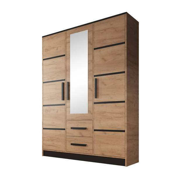 Meubella Kledingkast Madera - Eiken - Zwart - 153 cm - Met spiegel