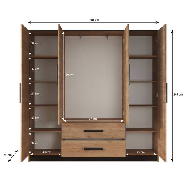 Meubella Kledingkast Madera 3 - Eiken - Zwart - 201 cm