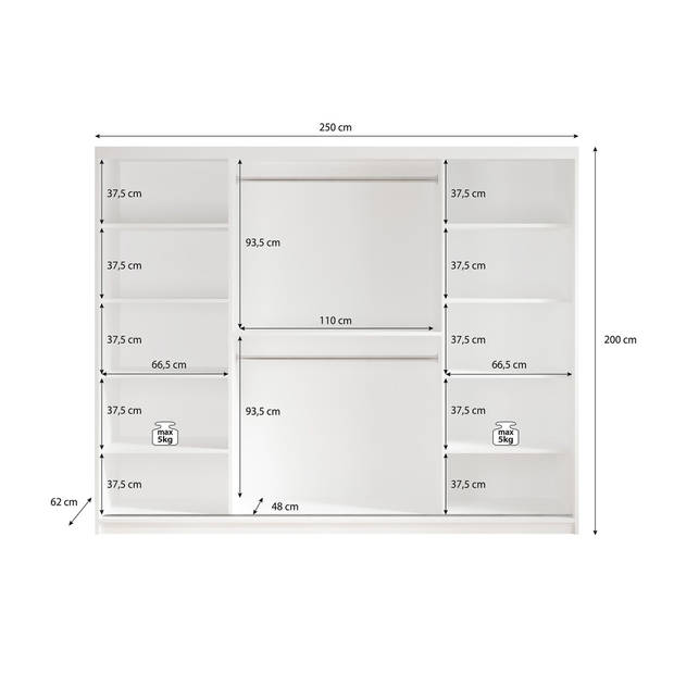 Meubella Kledingkast Marmer 2 - Wit - 250 cm - Met spiegel