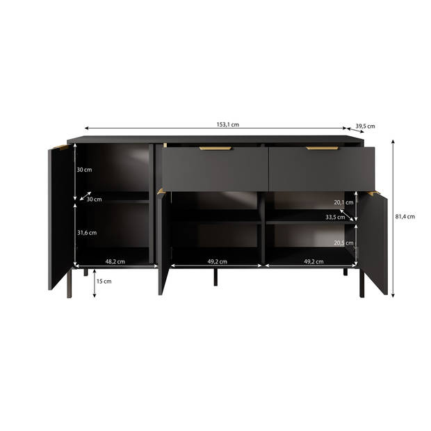 Meubella Dressoir Loren - Antraciet - 153 cm - 2 lades