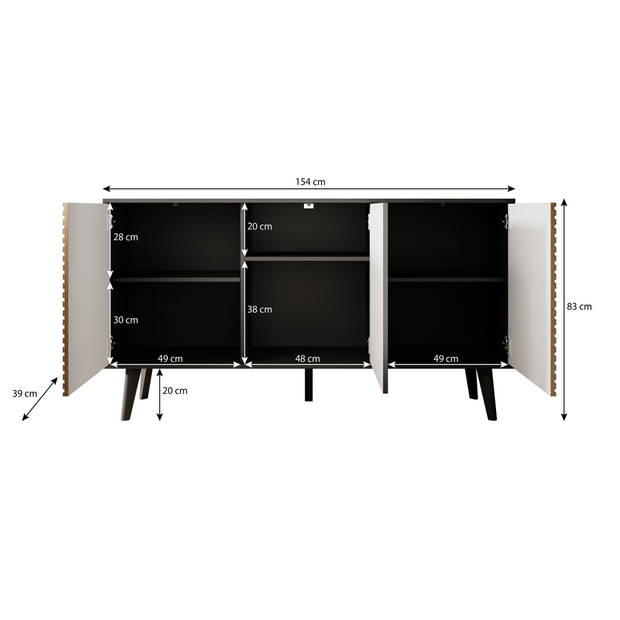 Meubella Dressoir Palladium - Eiken - Zwart - 154 cm