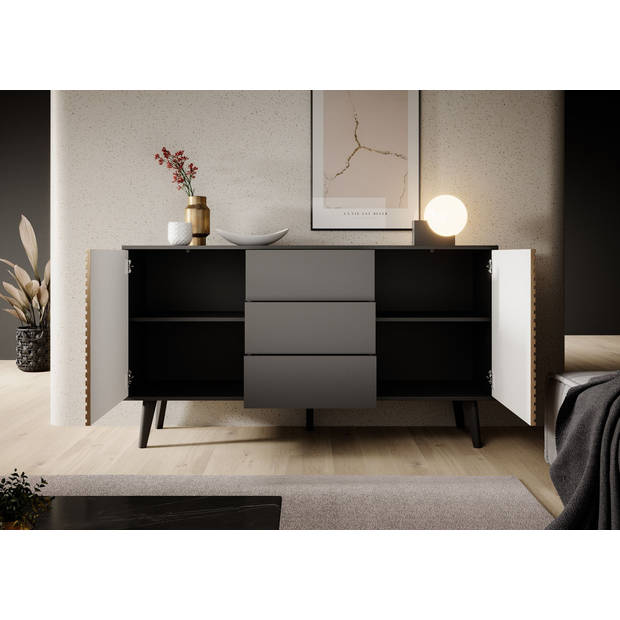 Meubella Dressoir Palladium - Eiken - Zwart - 154 cm - met lades