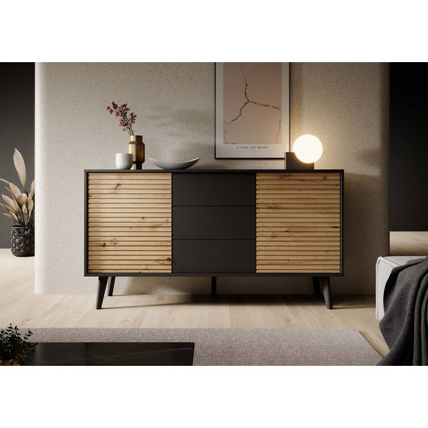 Meubella Dressoir Palladium - Eiken - Zwart - 154 cm - met lades