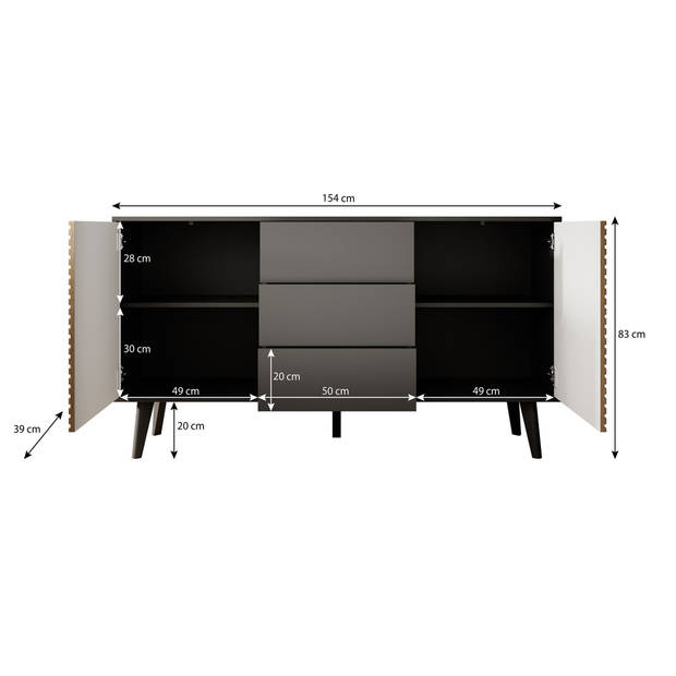 Meubella Dressoir Palladium - Eiken - Zwart - 154 cm - met lades