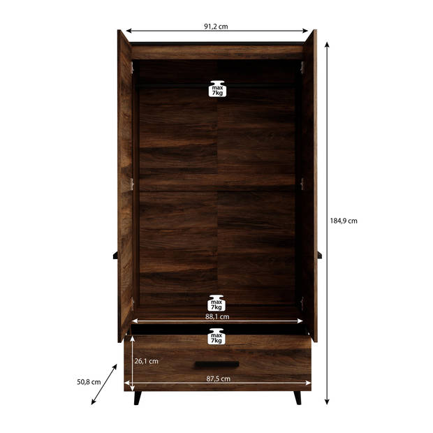 Meubella Kledingkast Frey 2 - Donker eiken - Zwart - 92 cm