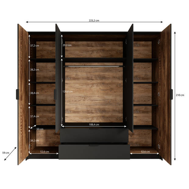 Meubella Kledingkast Mulvey - Eiken - Antraciet - 220 cm - Met spiegel