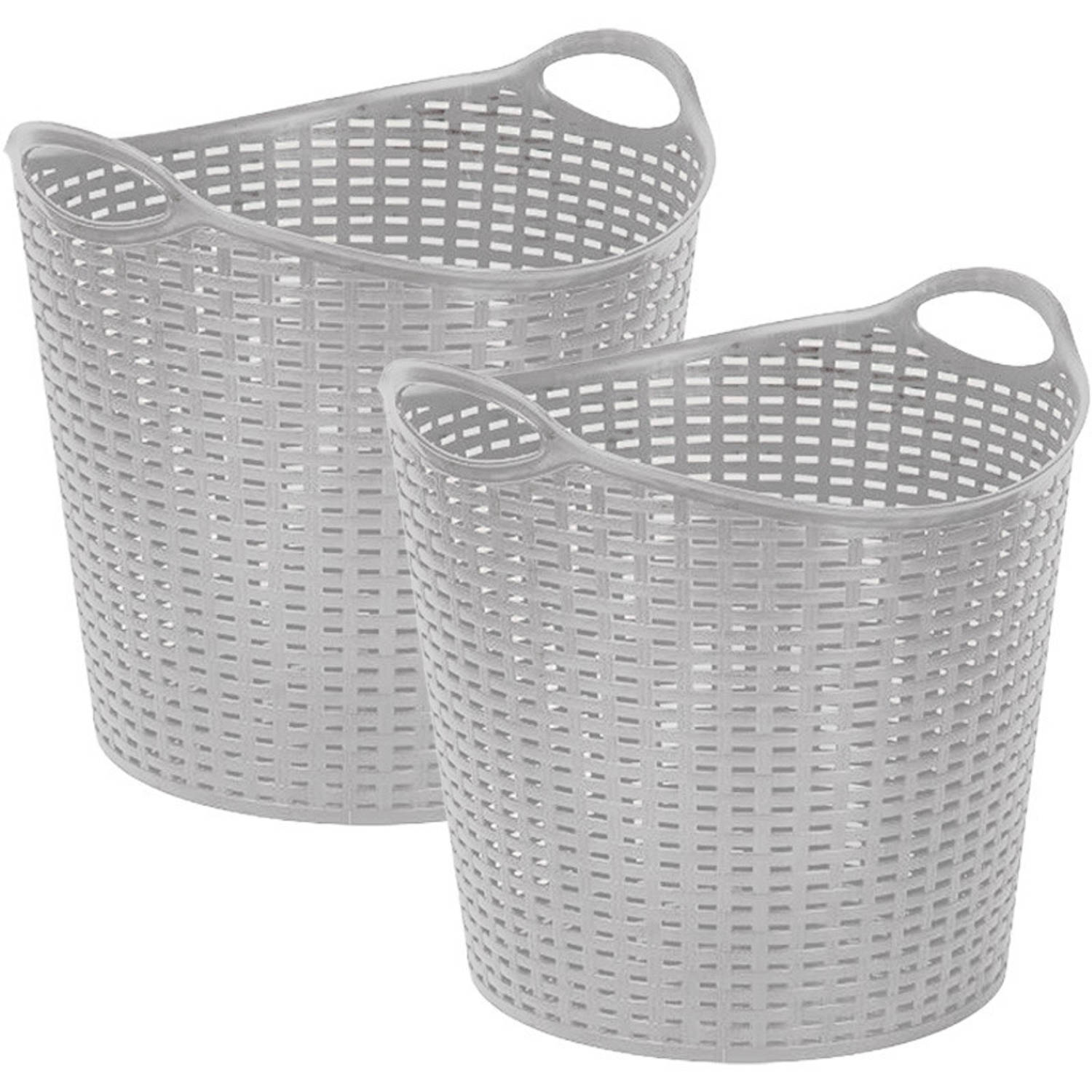 Plasticforte Gevlochten wasmand/opbergmand - 2x - flexibel - zilver - 27 liter - rond - kunststof - Wasmanden