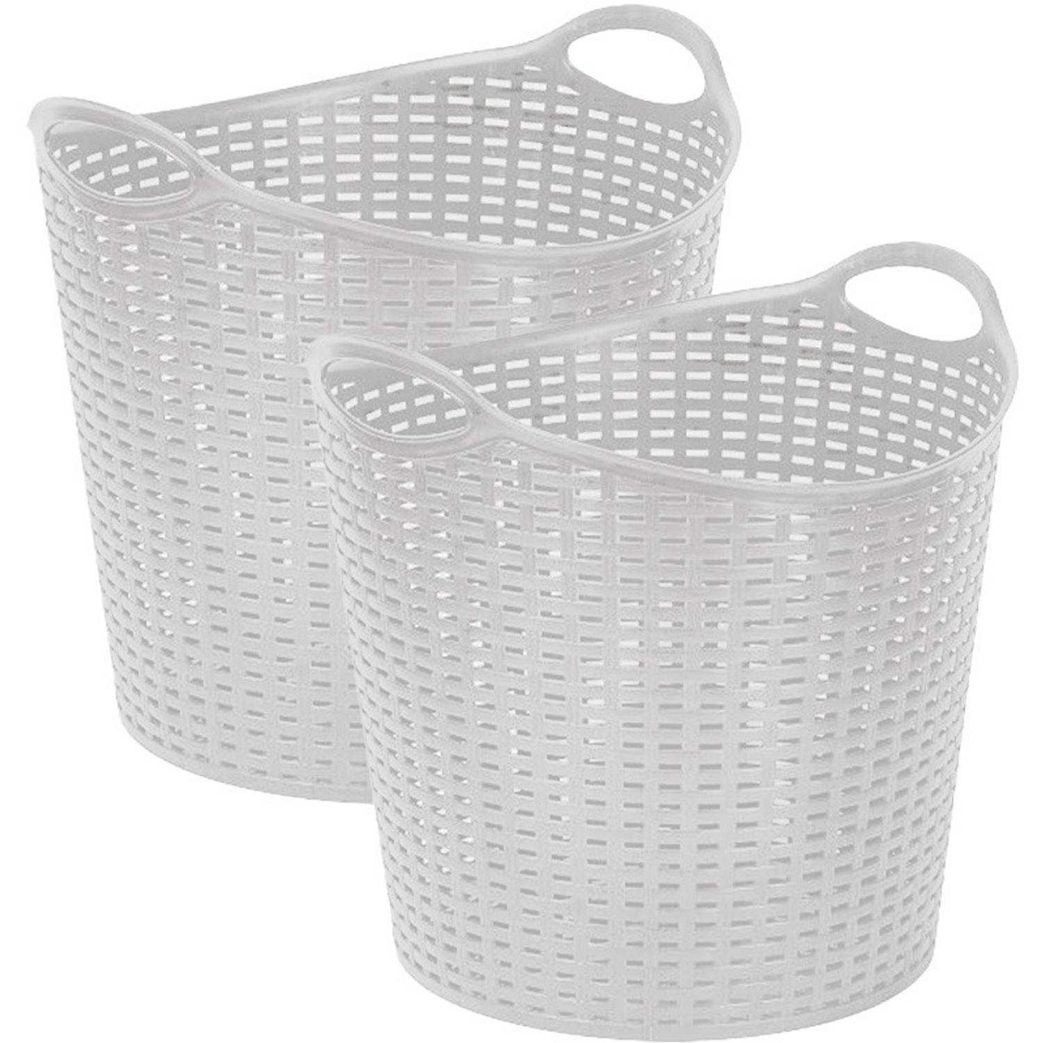 Plasticforte Gevlochten wasmand/opbergmand - 2x - flexibel - ivoor wit - 27 liter - rond - kunststof - Wasmanden