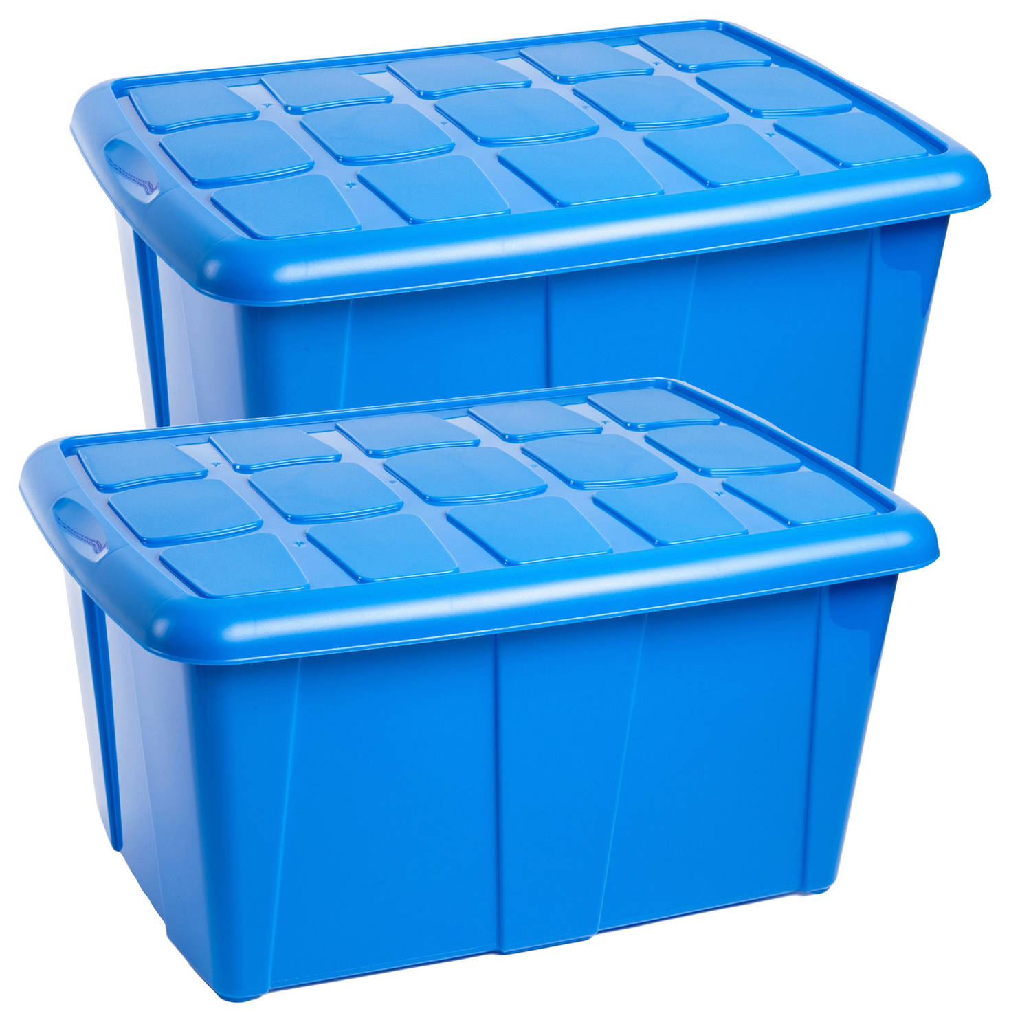 Plasticforte Opslagbox met deksel 2x Blauw 60L kunststof 63 x 46 x 32 cm Opbergbox