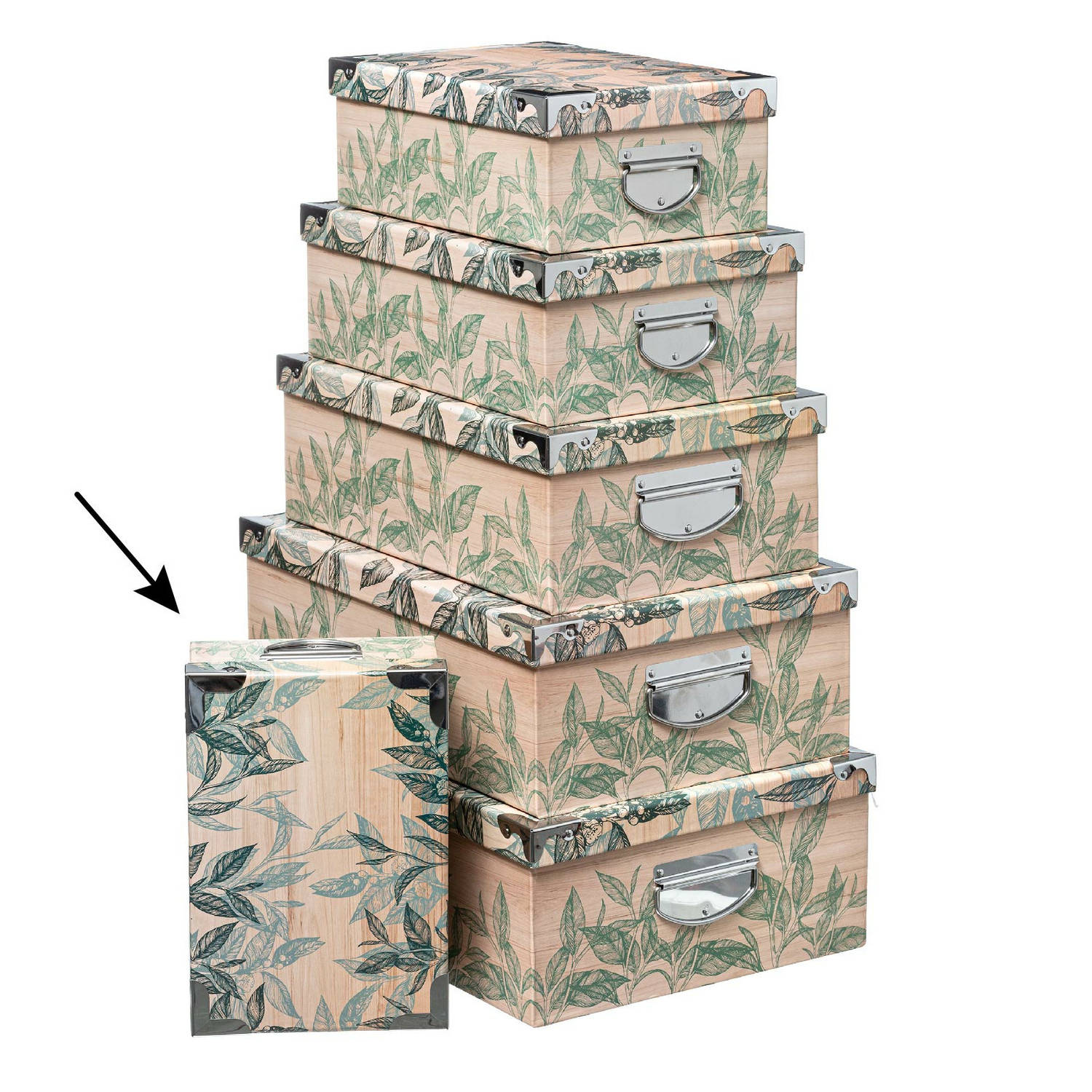 5Five Opbergdoos-box Green leafs print op hout L28 x B19.5 x H11 cm Stevig karton Leafsbox Opbergbox