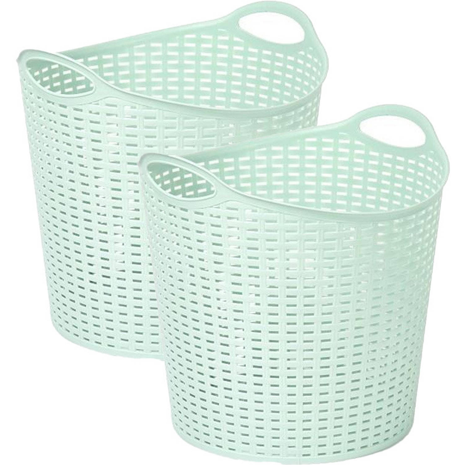 Plasticforte Gevlochten wasmand/opbergmand - 2x - flexibel - lichtgroen - 27 liter - rond - kunststof - Wasmanden