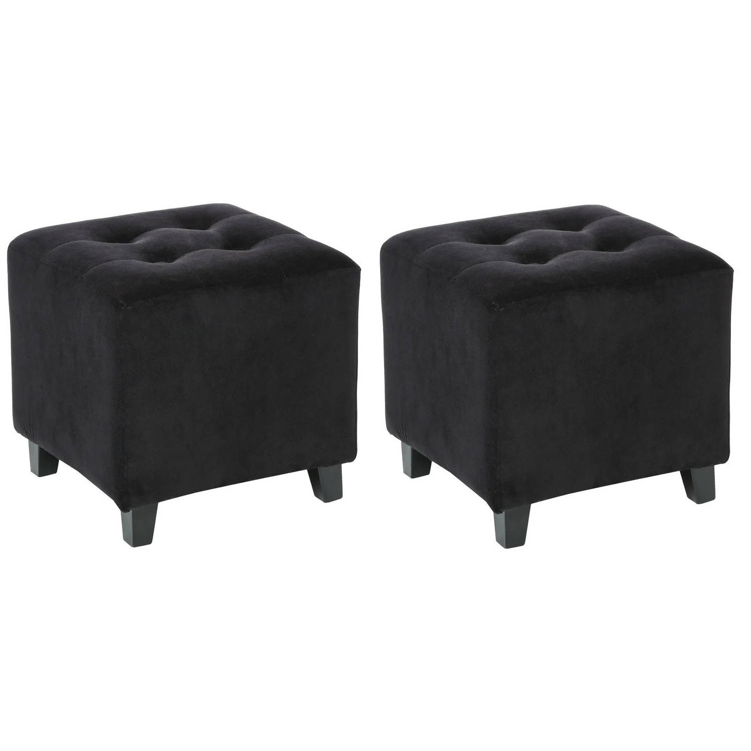 Atmosphera Zit krukje-bijzet stoel-poef 2x hout-stof zwart fluweel D35 x H35 cm Krukjes
