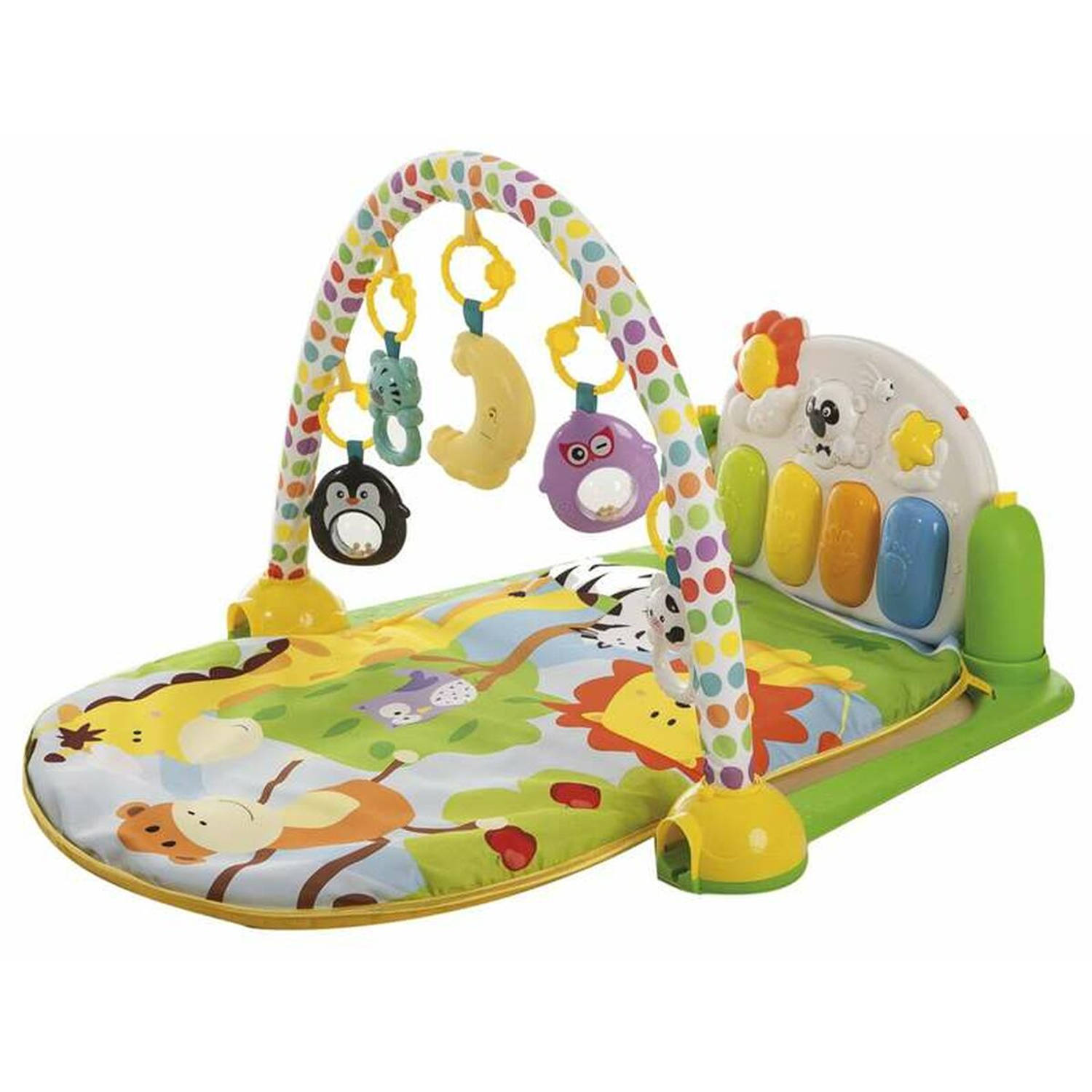 Babygym–Activiteitencentrum-Speelmat-Baby-Speelgoed-vanaf 0 jaar-Met Pianowand-5 Speeltjes-Educatief-Vrolijk-Thema Dieren – Kraamcadeau