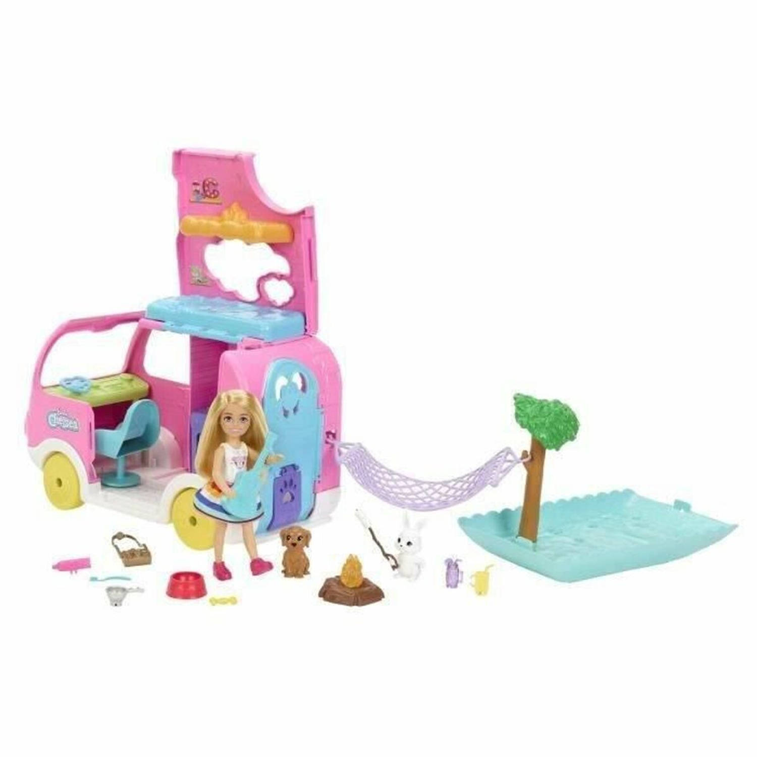 Barbie Chelsea - Camper met hondje en konijn - Speelfigurenset