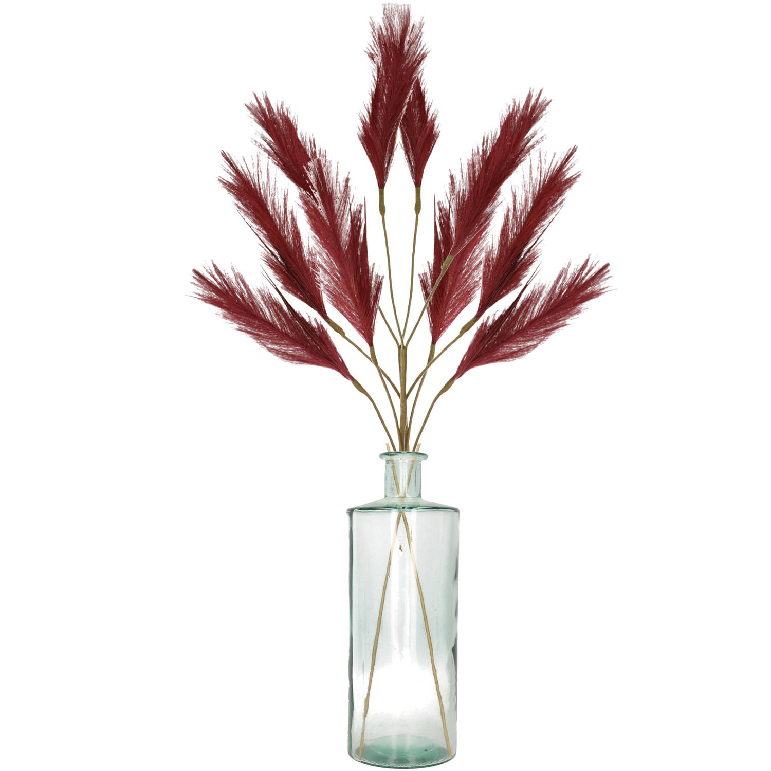 Decoratie pampasgras kunst pluimen in vaas gerecycled glas bordeaux rood 98 cm Kunsttakken