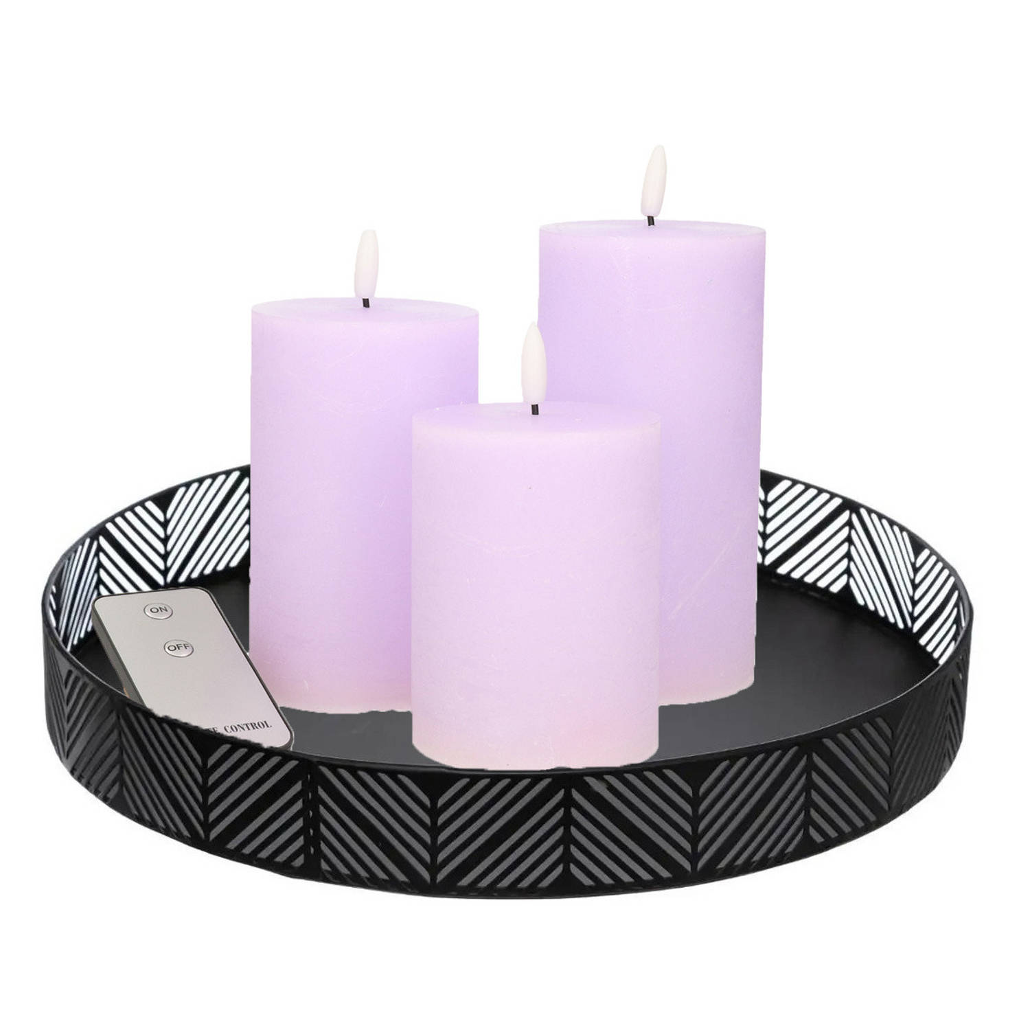LED kaarsen 3x st lila paars met zwart rond dienblad 29,5 cm LED kaarsen