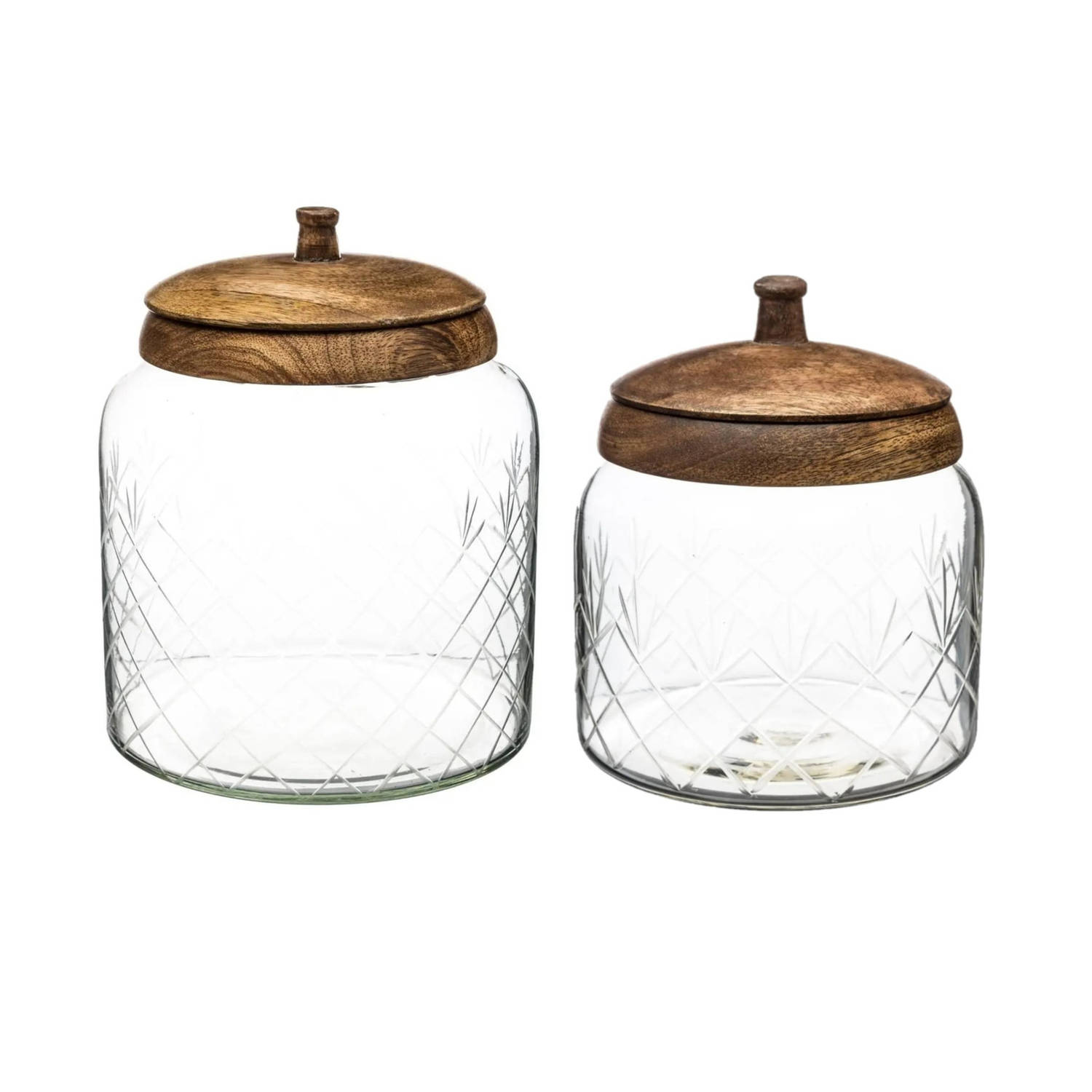 Set van 2x snoeppotten/voorraadpotten 1,2L - 2,7L glas met houten deksel - Voorraadpot