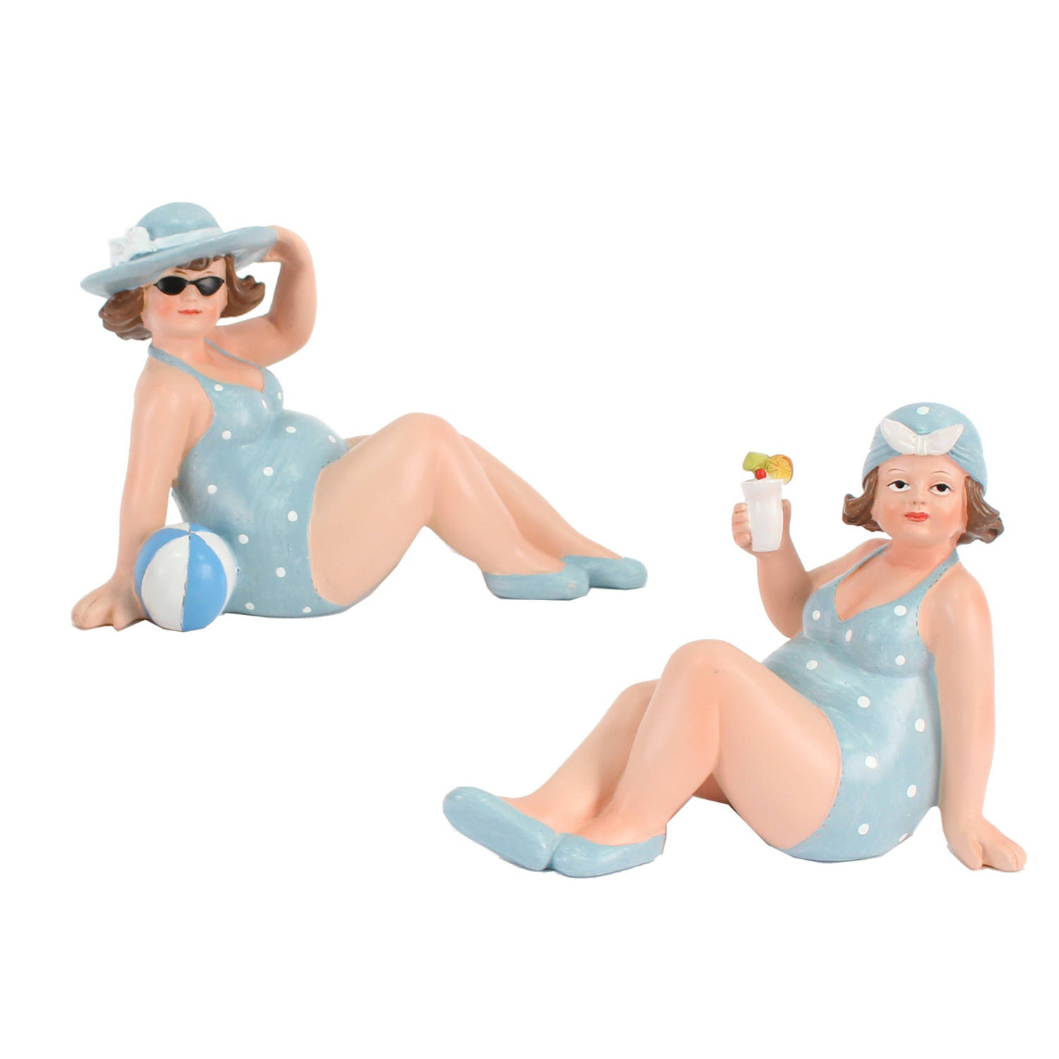 Woonkamer decoratie beeldjes set 2 dikke dames blauw badpak 17 cm Beeldjes