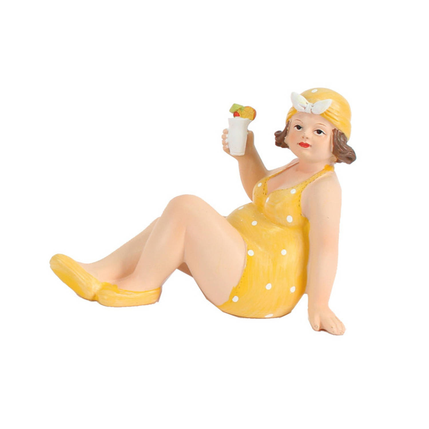 Home decoratie beeldje dikke dame zittend geel badpak 17 cm Beeldjes