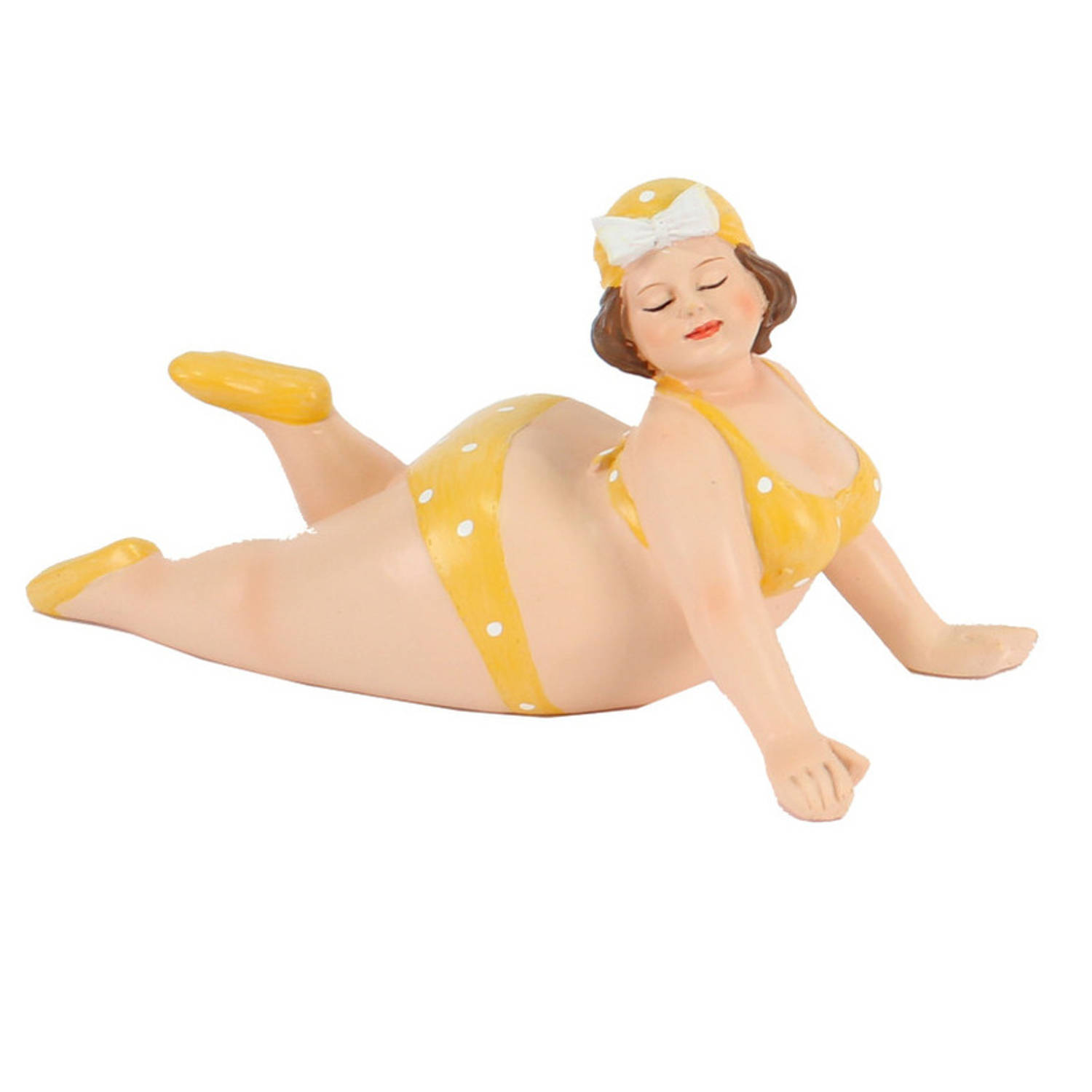 Home decoratie beeldje dikke dame liggend geel badpak 20 cm Beeldjes