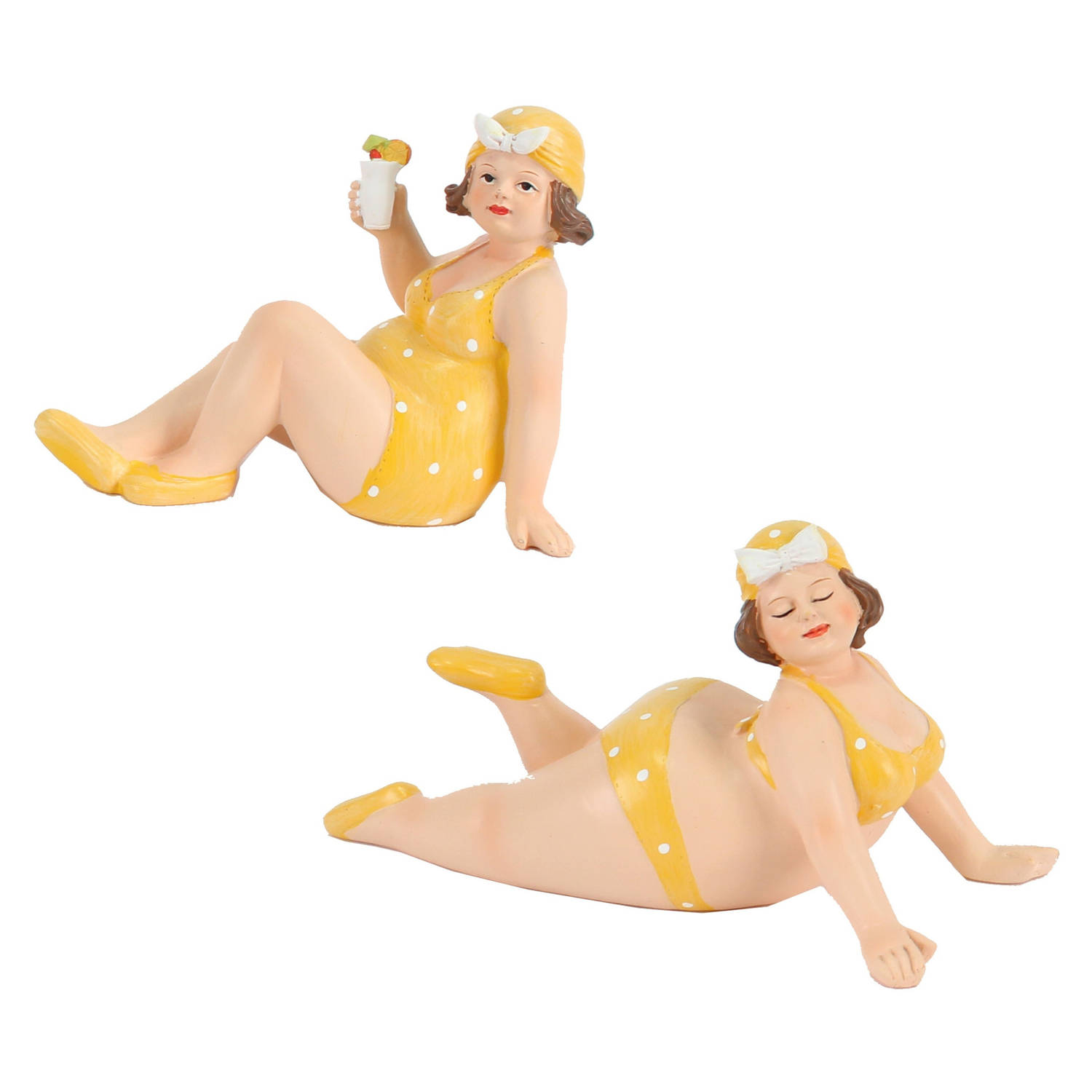 Woonkamer decoratie beeldjes set van 2 dikke dames geel badpak 17 cm Beeldjes