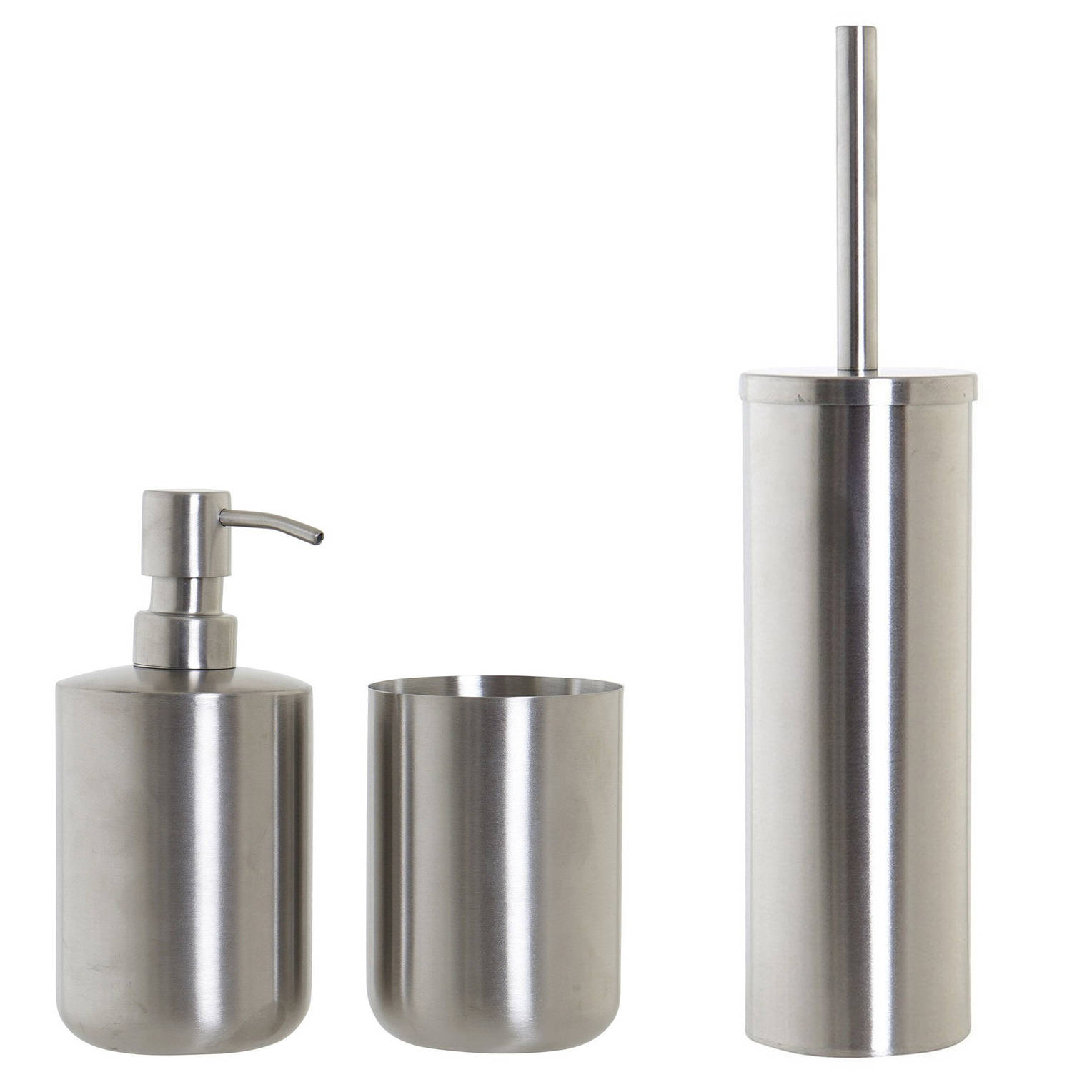 Toiletborstel houder zilver 39cm met zeeppompje 400 ml en beker metaal Toiletborstels