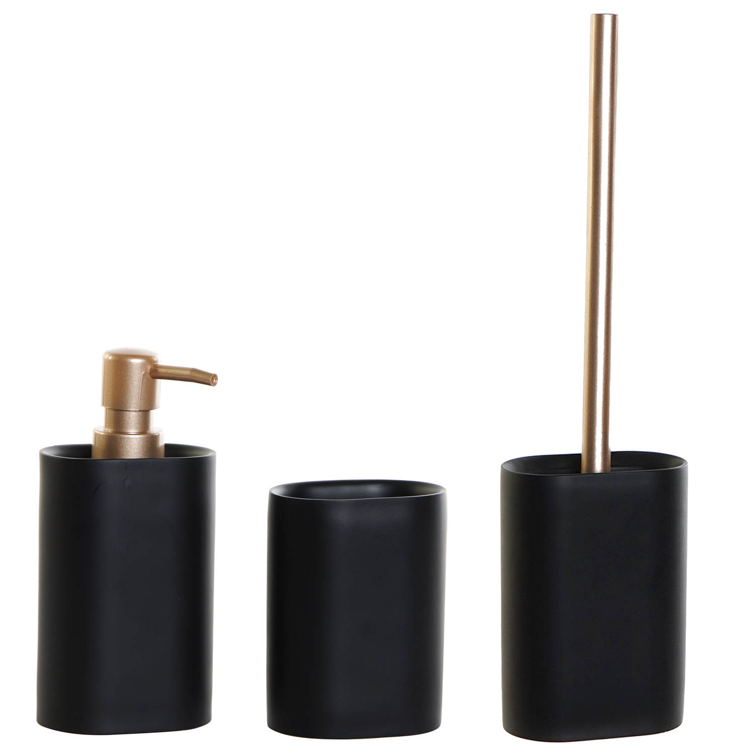 Toiletborstel met houder zwart-goud en zeeppompje-beker kunststof Toiletborstels