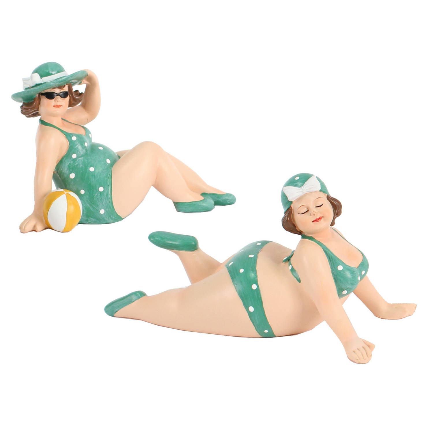 Woonkamer decoratie beeldjes set van 2 dikke dames groen badpak 17 cm Beeldjes