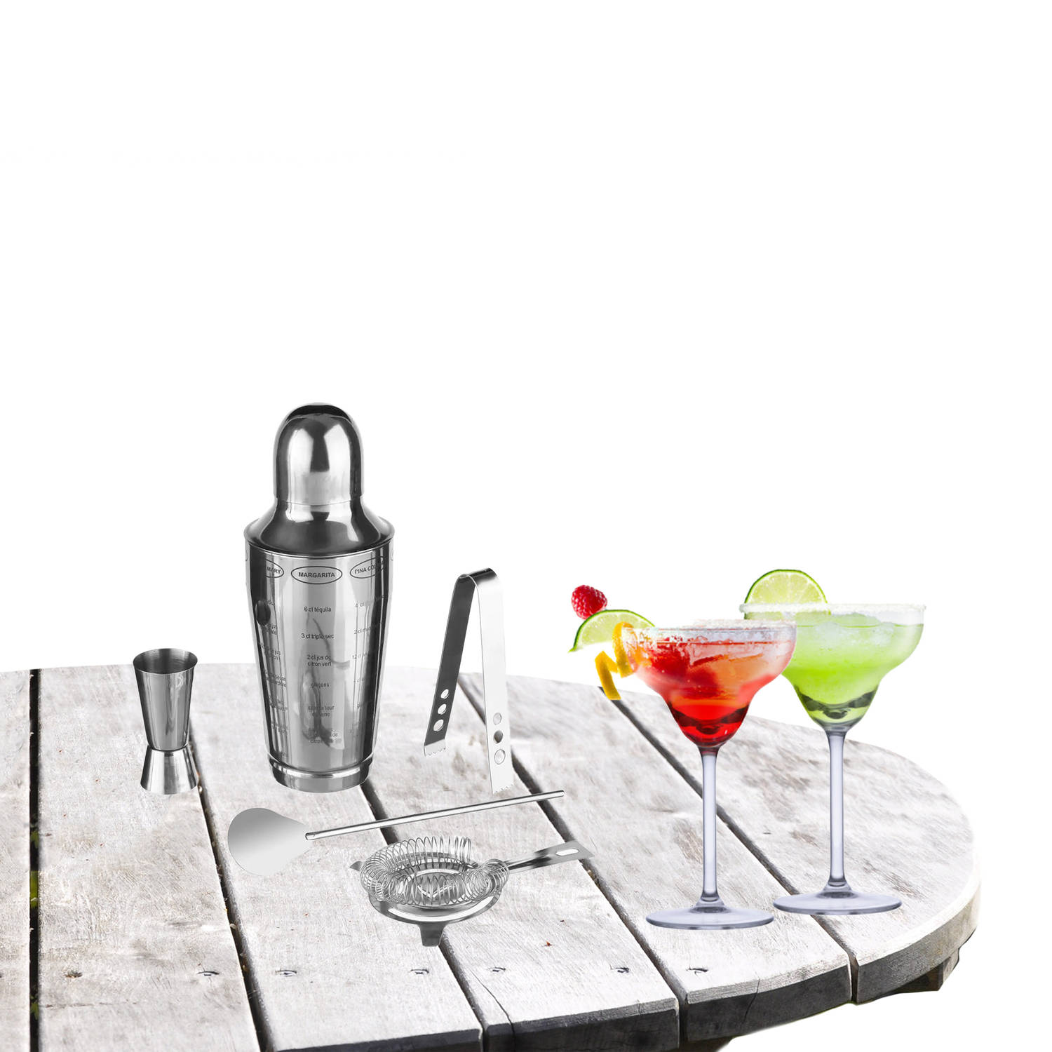 Cocktailshaker set RVS 5-delig inclusief 4x margarita glazen 250 ml Cocktailshakers