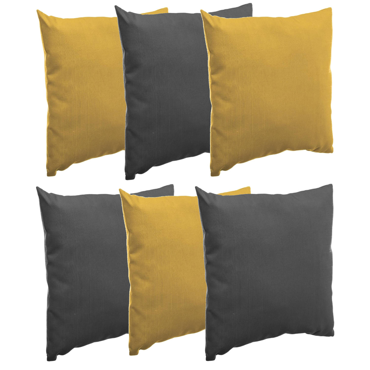 Bank-sier-tuin kussens voor binnen-buiten set 6x stuks mosterd geel-antraciet 40 x 40 cm Sierkussens