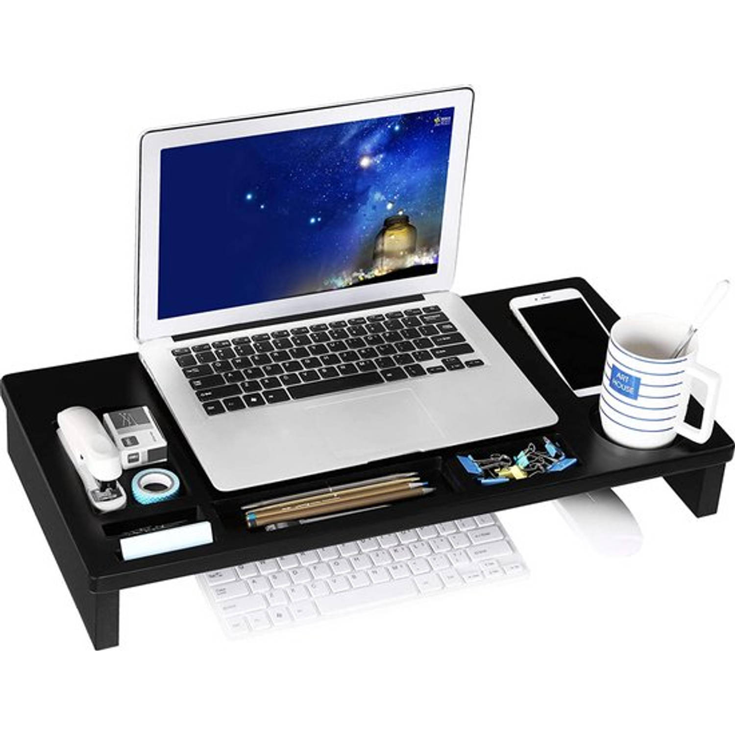 Soof & Tess Monitor Verhoger Standaard - Laptop Beeldschermverhoger - Bureau Beeldscherm Verhoging - Hout - Zwart
