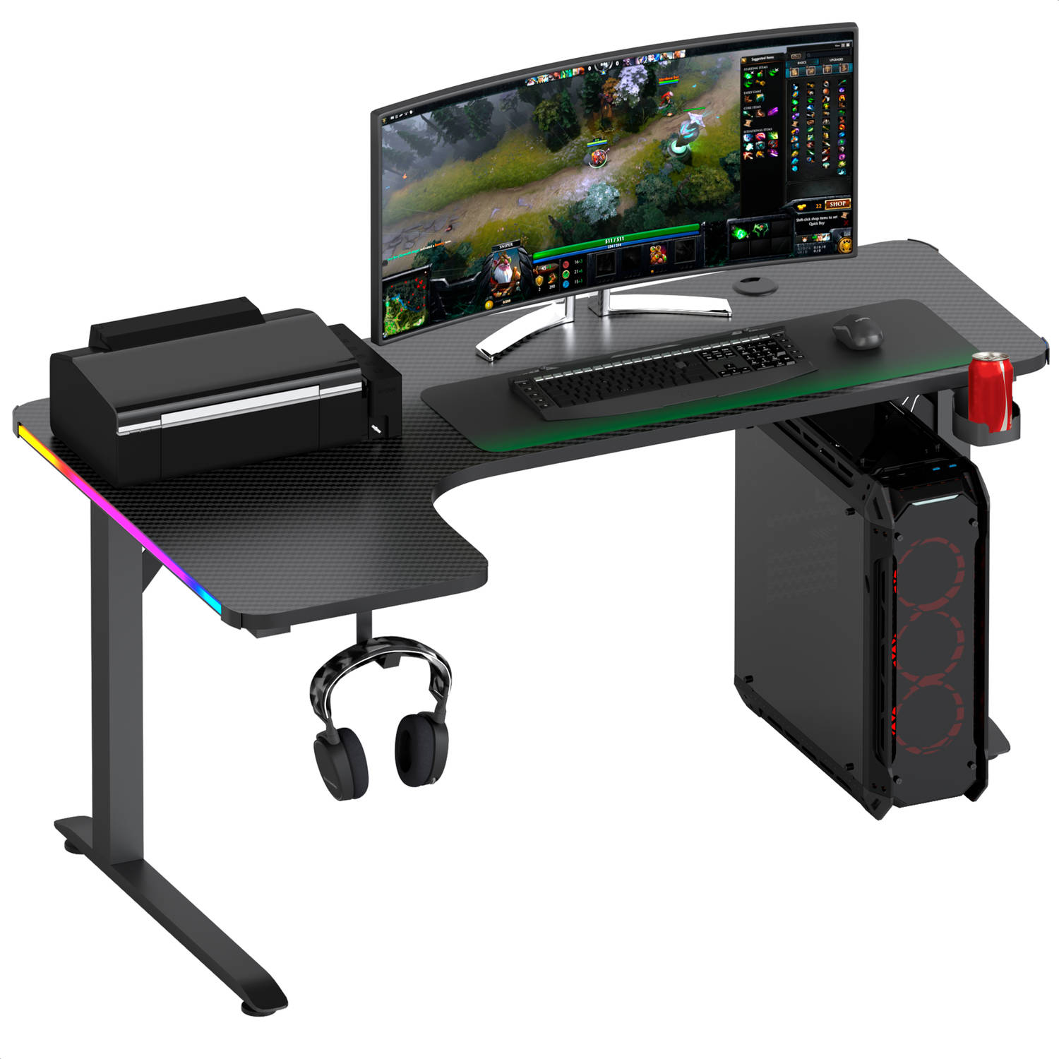 Avalo Gaming Bureau 160x100x75 CM L Vormig Hoekbureau Game Desk Met LED Verlichting Tafel Zwart