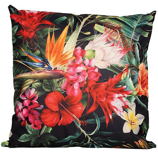 Anna's collection buitenkussen bloem - 2x - rood/zwart - 60 x 60 cm - tuinstoelkussens