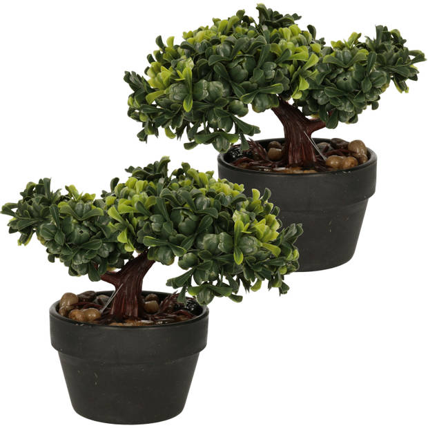 H&S Collection Kunstplant Bonsai boompje in pot - 2x - Japans decoratie - 19 cm - Type Bright - Kunstplanten