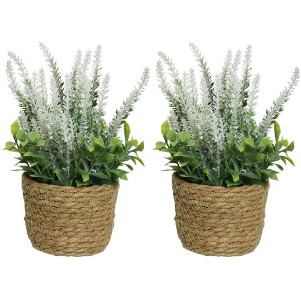 2x lavendel kunstplant in gevlochten plantenmand - wit - D12 x H26 cm - Kunstplanten