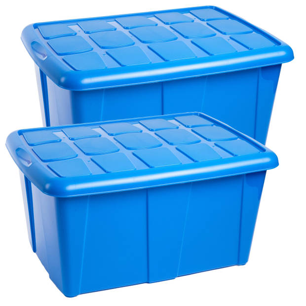 Plasticforte Opslagbox met deksel - 2x - Blauw - 60L - kunststof - 63 x 46 x 32 cm - Opbergbox