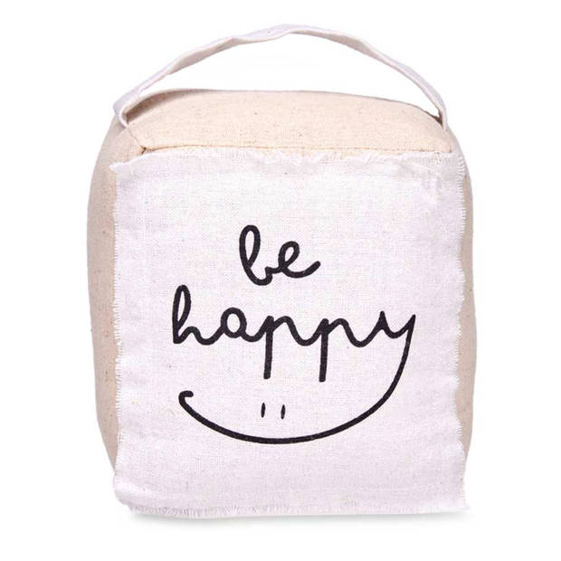 Giftdecor Deurstopper - 2x - 1 kilo - beige - canvas - Be happy - 14,5 x 16 x 19 cm - Deurstoppers