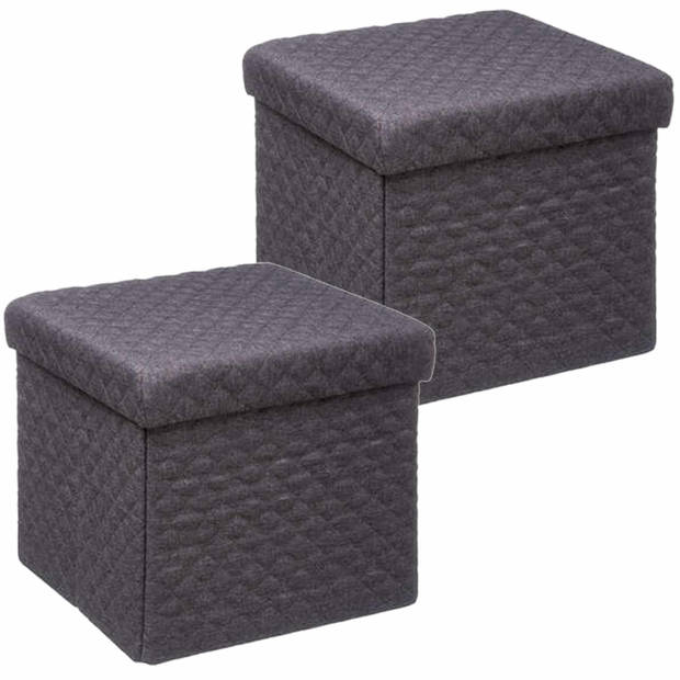 5Five Poef/hocker/opbergbox - 2x - donkergrijs - polyester/mdf - 31 x 31 cm - Opbergbox