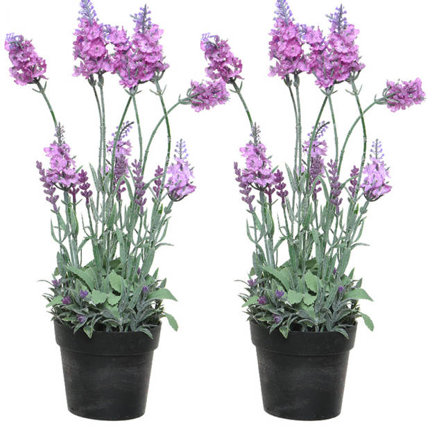 2x stuks lavendel kunstplant in pot - roze paars - D18 x H38 cm - Kunstplanten