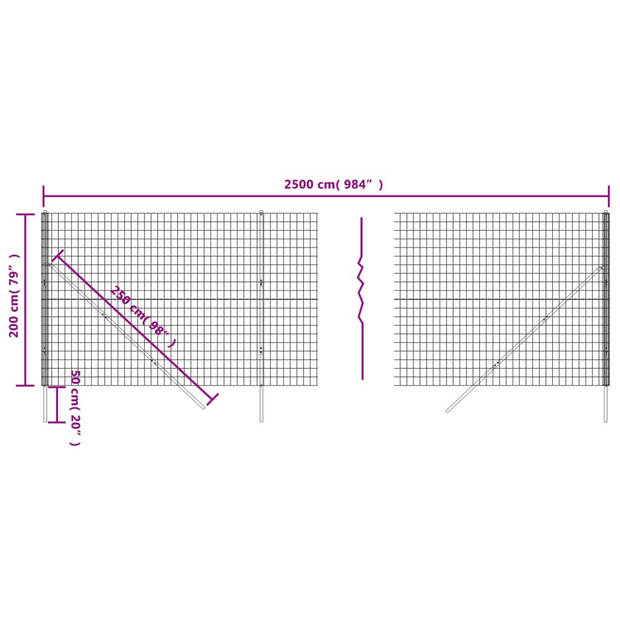 The Living Store Draadgaasomheining - Tuinhek 2x25m - Antraciet - Gegalvaniseerd staal met PVC-coating