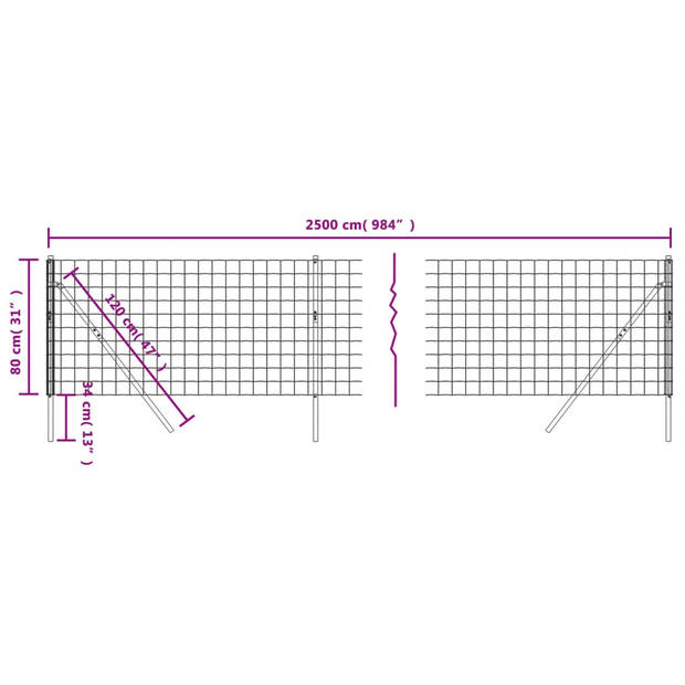 The Living Store Draadgaashek - 0.8 x 25 m - 100 x 100 mm - gegalvaniseerd staal met PVC-coating