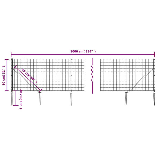 vidaXL Draadgaashek met grondankers 0,8x10 m antracietkleurig