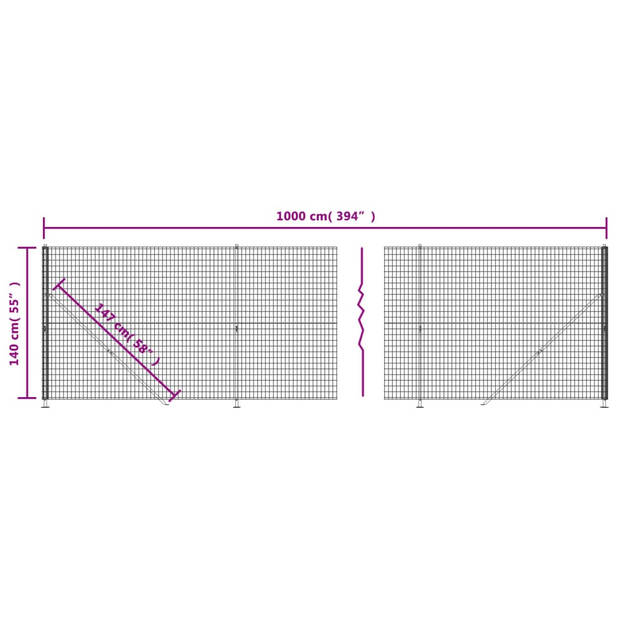 The Living Store Draadgaashek Antraciet - 1.4 x 10 m - 75 x 50 mm - Gegalvaniseerd staal met PVC-coating