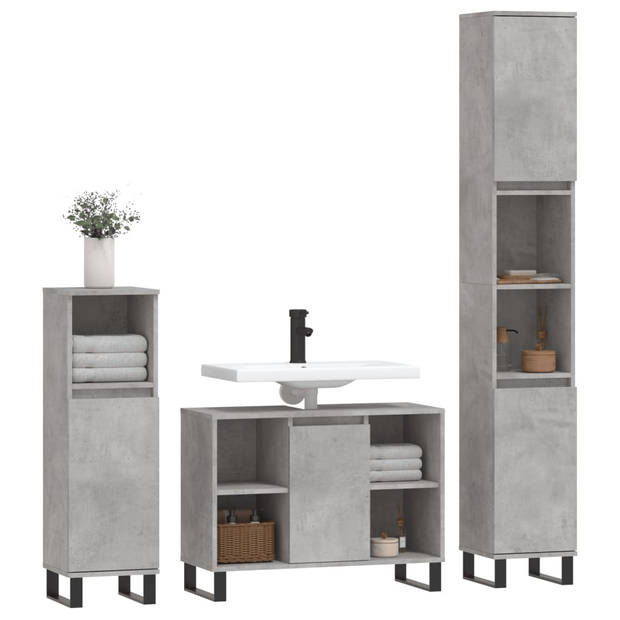 The Living Store Badkamermeubelset - Betongrijs - 30x30x190cm (hoog) - 30x30x100cm (laag) - 80x33x60cm (wastafelkast)