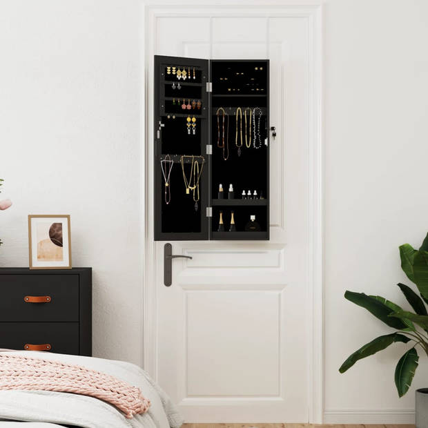 The Living Store Sieradenkast met Spiegel - Zwart - 30 x 8.5 x 90 cm - Duurzaam Hout - Veilig Afsluitbaar