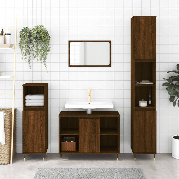 The Living Store Badkamermeubelset - Praktisch - Materiaal- bewerkt hout en ijzer - Kleur- bruineiken - Afmetingen- 30