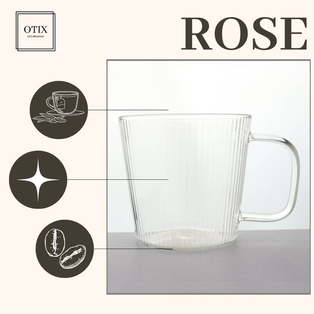 OTIX Koffiekopjes - Glazen - met Ribbel - Reliëf - Koffietassen - Set van 6 - 150ml - Glas - ROSE